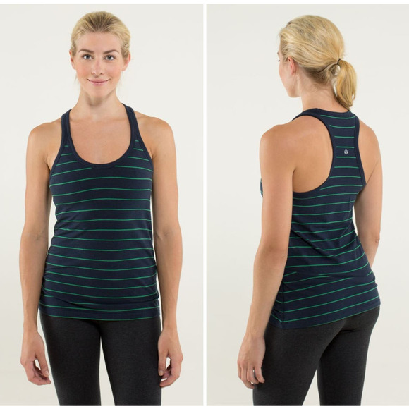 lululemon athletica Tops - Lululemon Modern Racerback Slalom Stripe Inkwell Green Bean Size 6 Pima Cotton